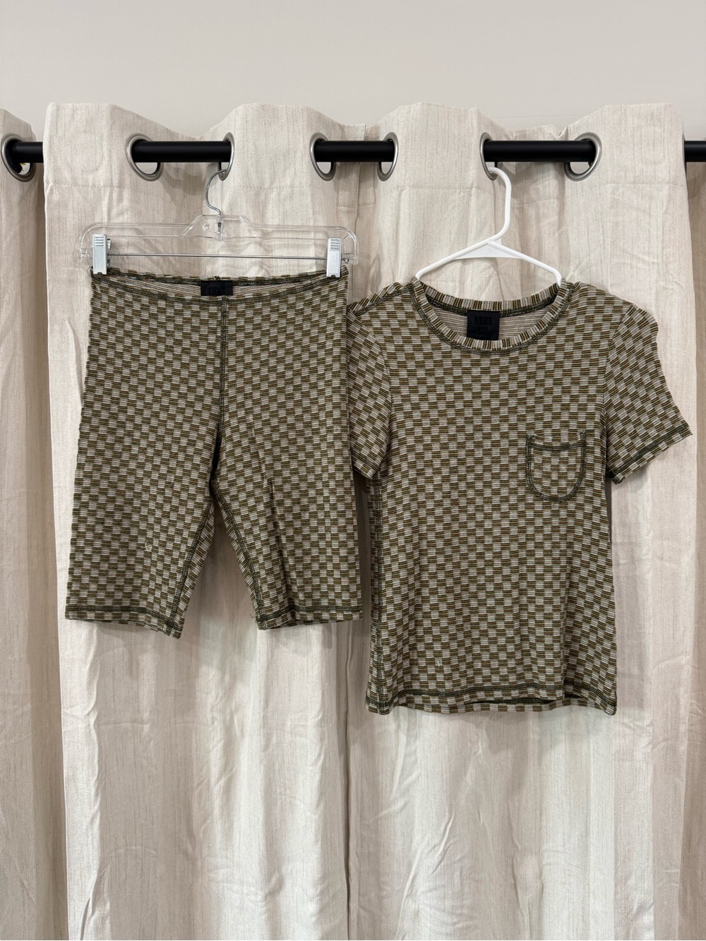 Anna Sui Olive Green Checkerboard Short Set